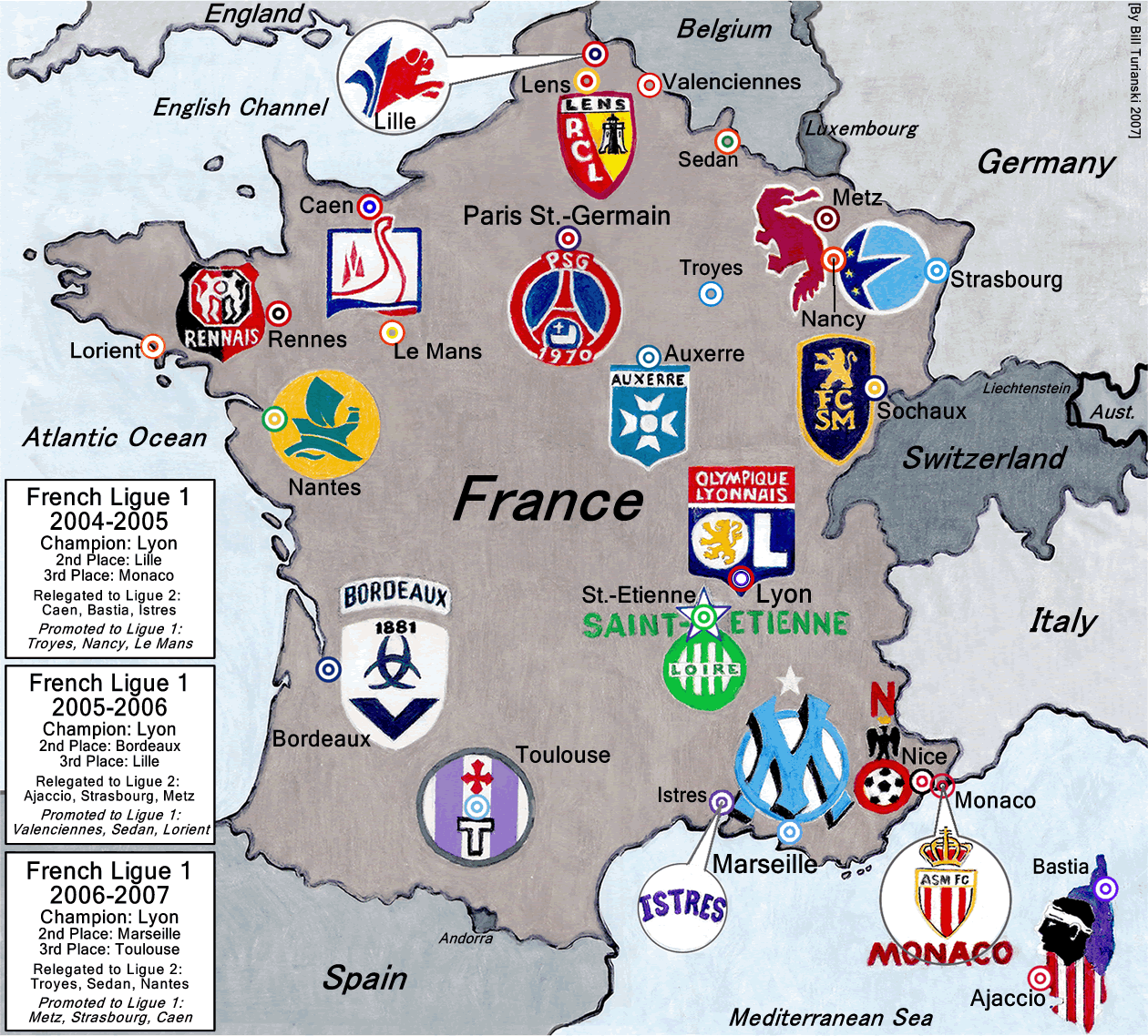 French LIGUE 1, 2004-05 through 2007-08 seasons. « billsportsmaps.
