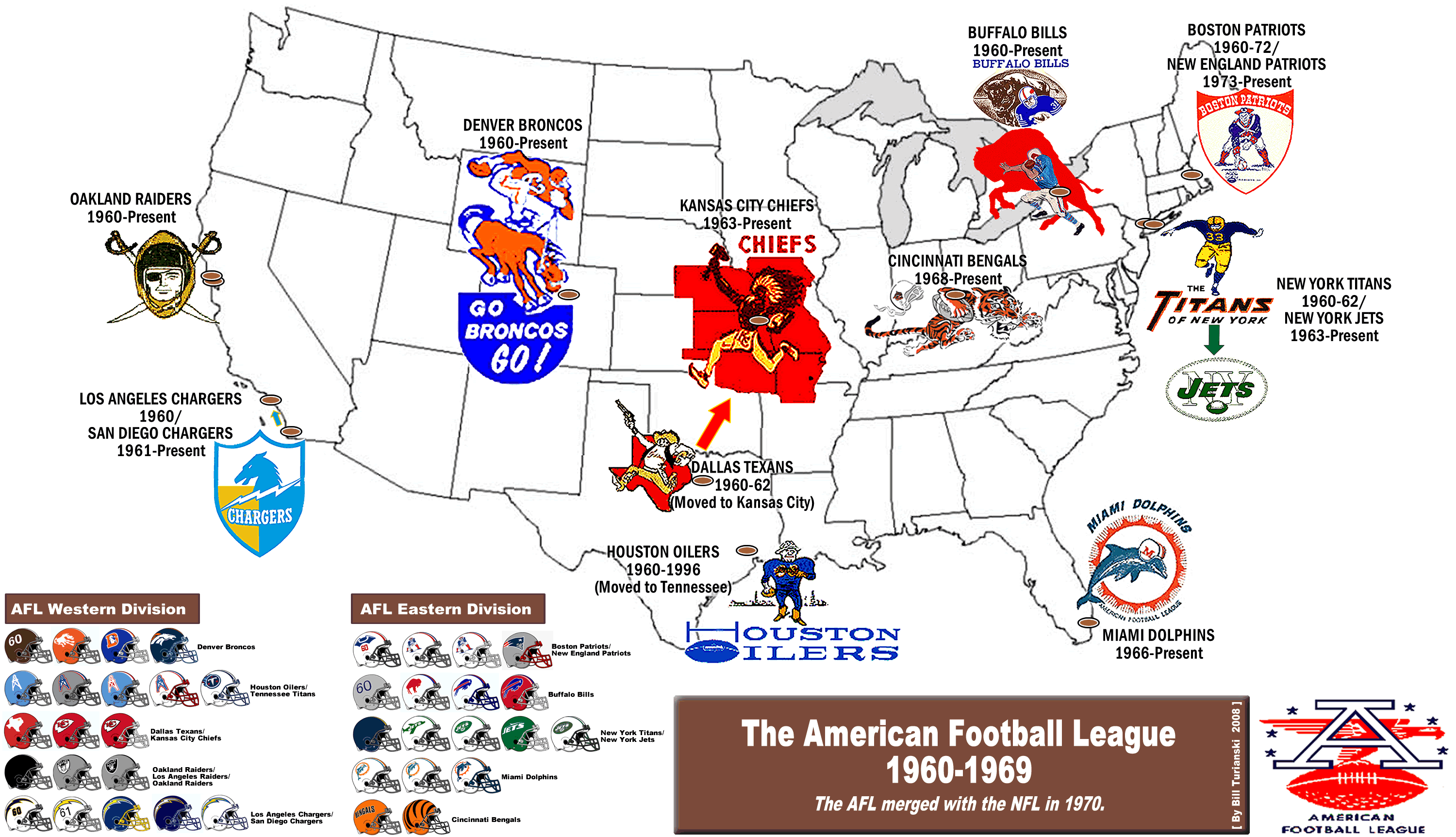 The AFL (1960-’69). Map, with original team emblems, and helmet evolution ...
