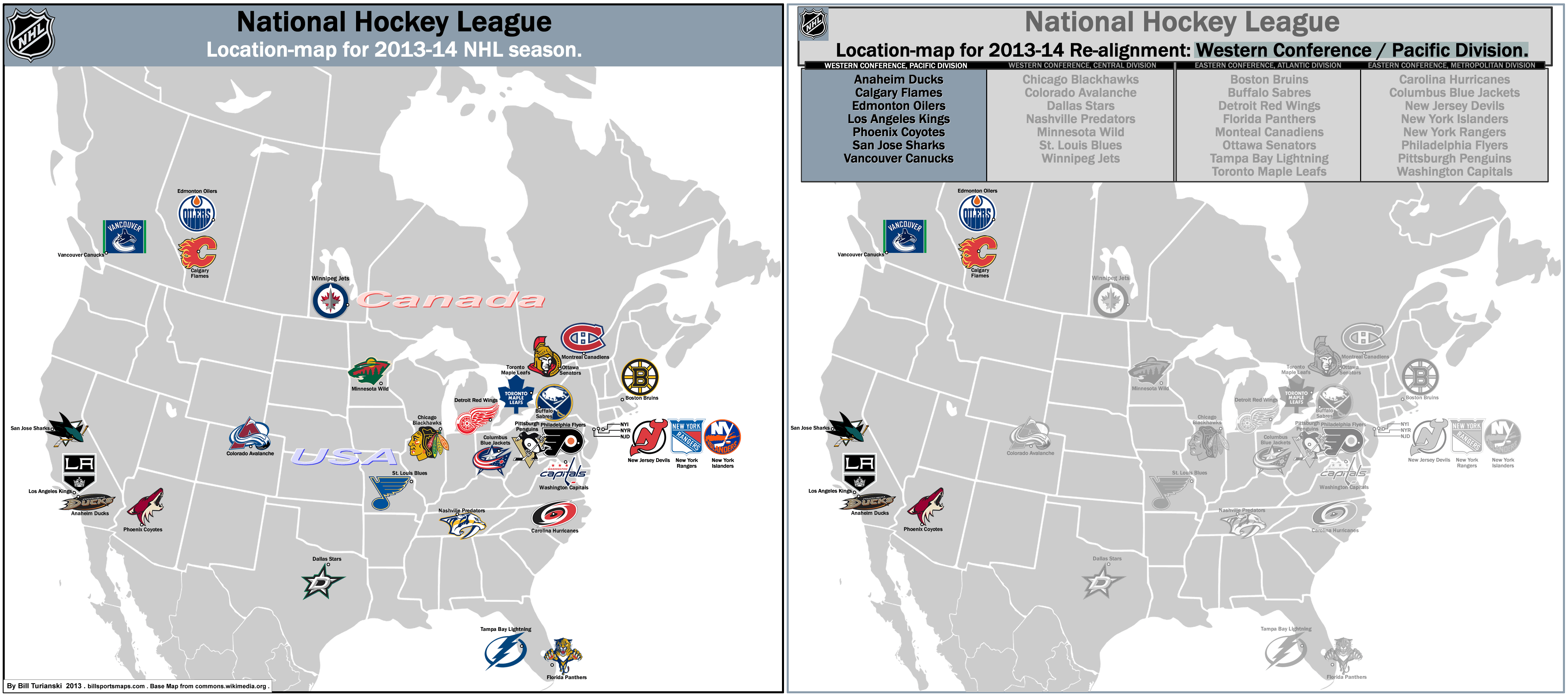 NHL 2013-14: Realignment Location-maps, with the 4 new divisions shown  (Western Conference/Pacific Division, Western Conference/Central Division;  Eastern Conference/Atlantic Division, Eastern Conference/Metropolitan  Division). «