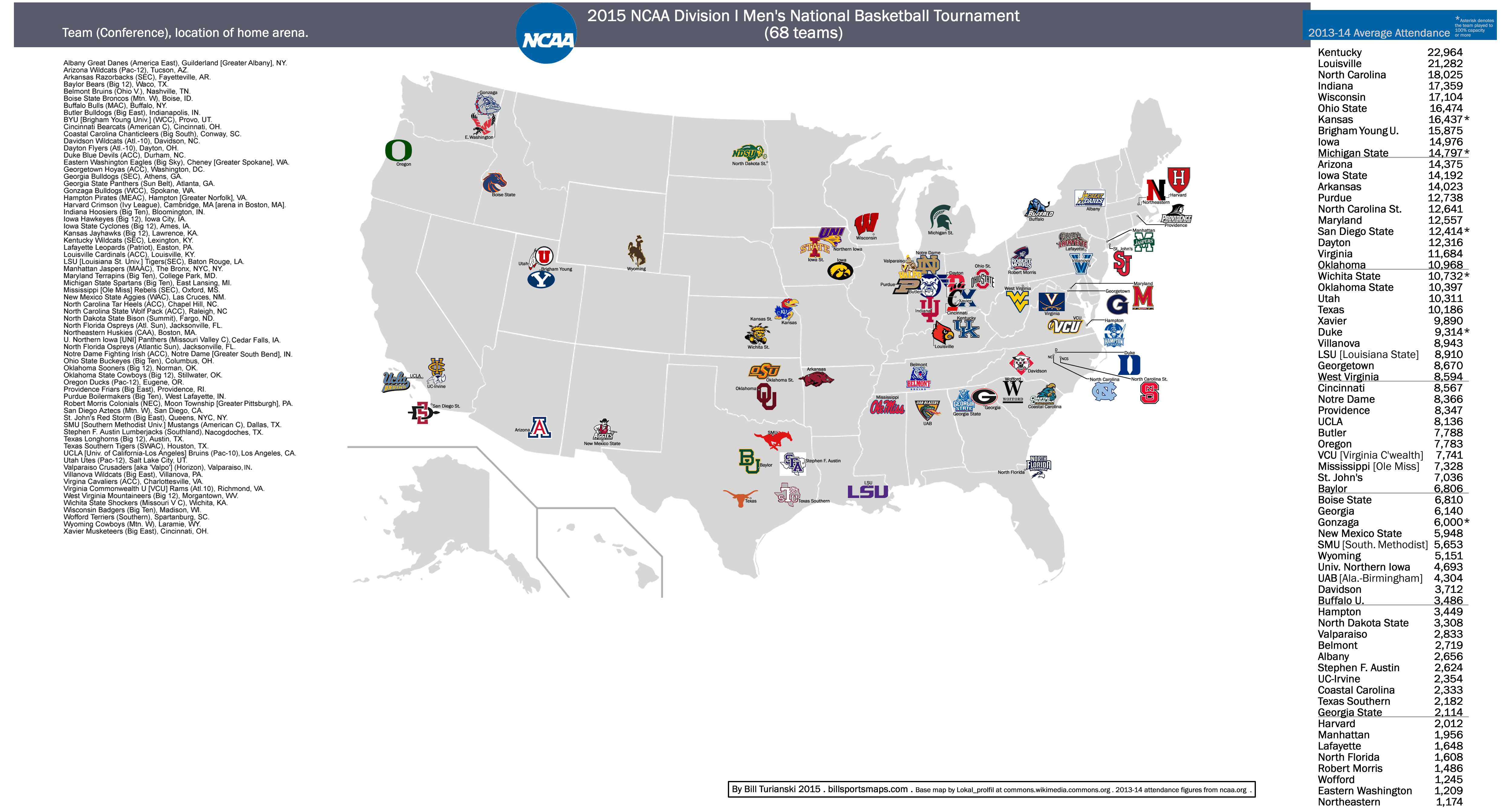 2015 NCAA Men’s Division I Basketball Tournament – the 68 teams – map