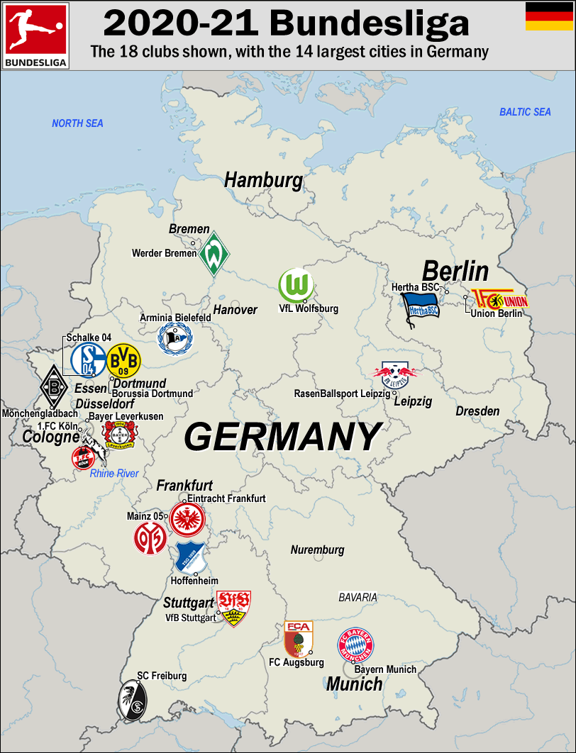 Germany 2020 21 Bundesliga Location Maps With Seasons In 1st Division For The Current 18 Clubs All Time German Titles List Illustrations For The 18 Venues In 2020 21 Bundesliga Billsportsmaps Com